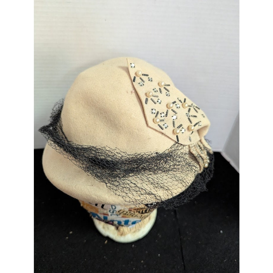 Vintage Hornberger Berkshire Wool Hat Cream Rhinestone Netting 1950s