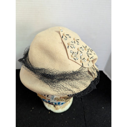 Vintage Hornberger Berkshire Wool Hat Cream Rhinestone Netting 1950s