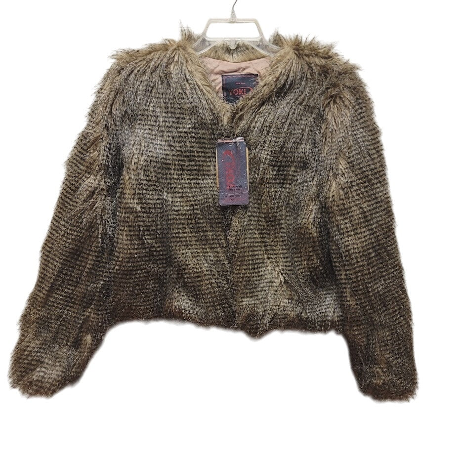Yoki NEW Brown size Medium Faux Fur Feather Coat Jacket Cropped