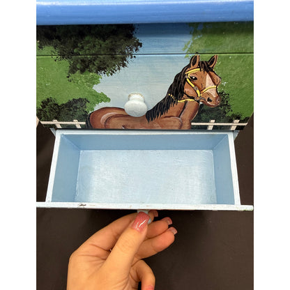 Vintage Hand-Painted Folk Art Horse 3-Drawer Miniature Chest Trinket Box