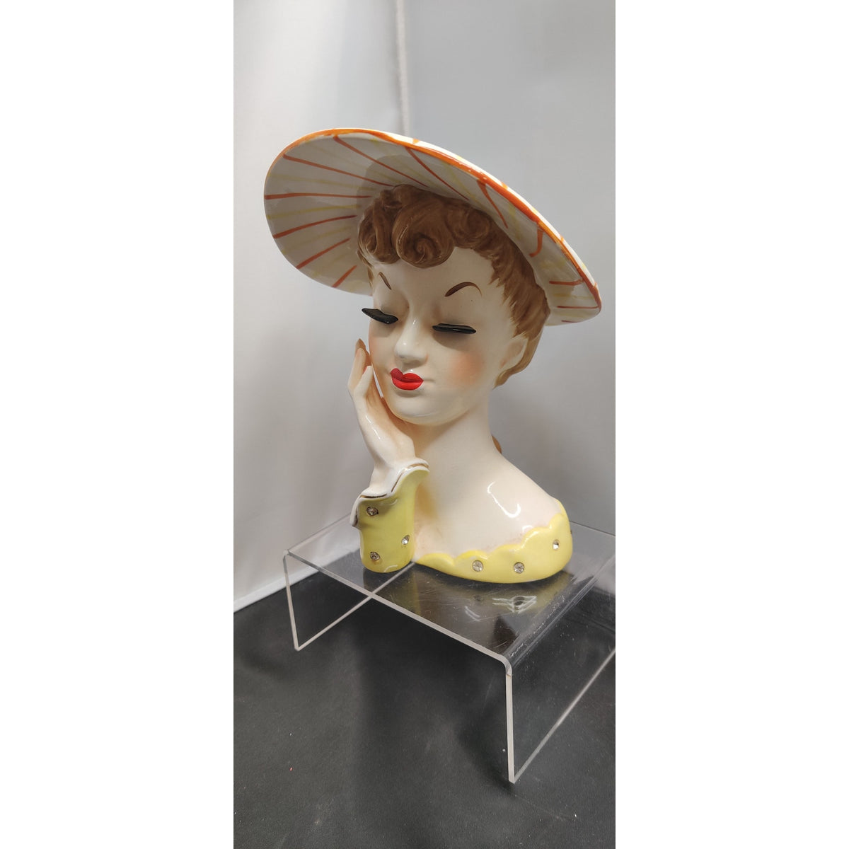 Vintage 1950s Napco Lady Head Vase Planter Striped Hat Collectible MCM Kitsch