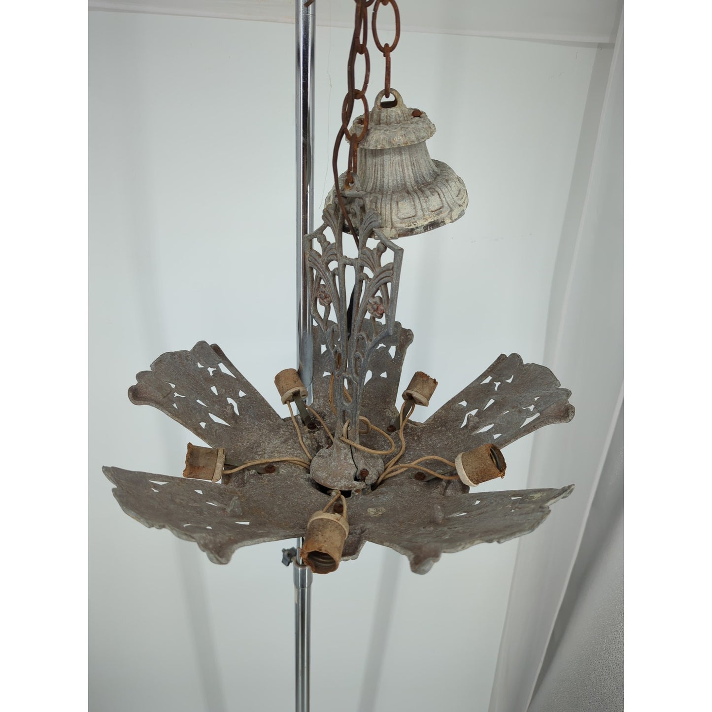 1930s Art Deco Slip Shade 5 Light Chandelier Fixture Restoration Project