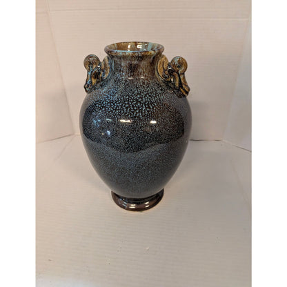 Vintage Studio Pottery Drip Glaze Urn Vase Double Handle Metallic Textured 12"