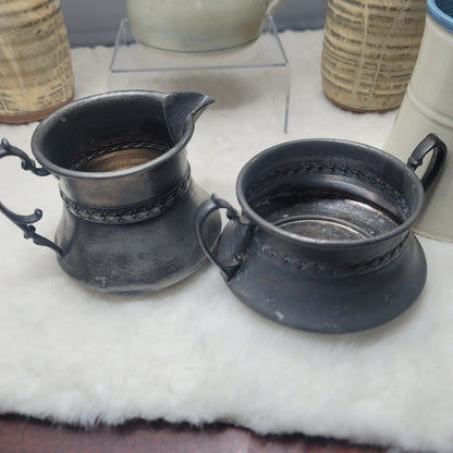 Vintage Pewter 2pc Creamer Sugar Bowl Set Colonial Style Dark Academia Primitive