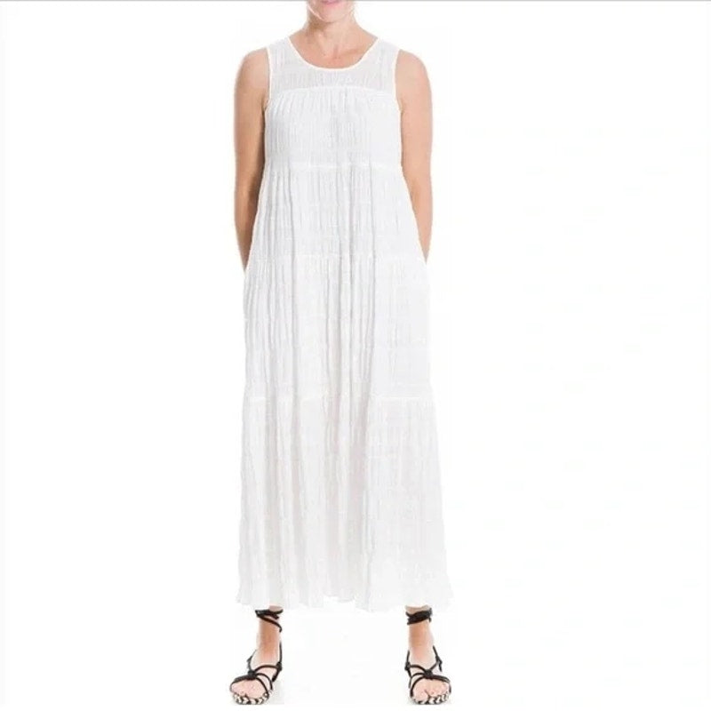 Max Studio Sleeveless Gauzy Jewel Neck Tiered Maxi Dress Medium White NEW $138