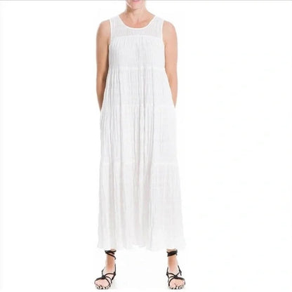 Max Studio Sleeveless Gauzy Jewel Neck Tiered Maxi Dress Medium White NEW $138