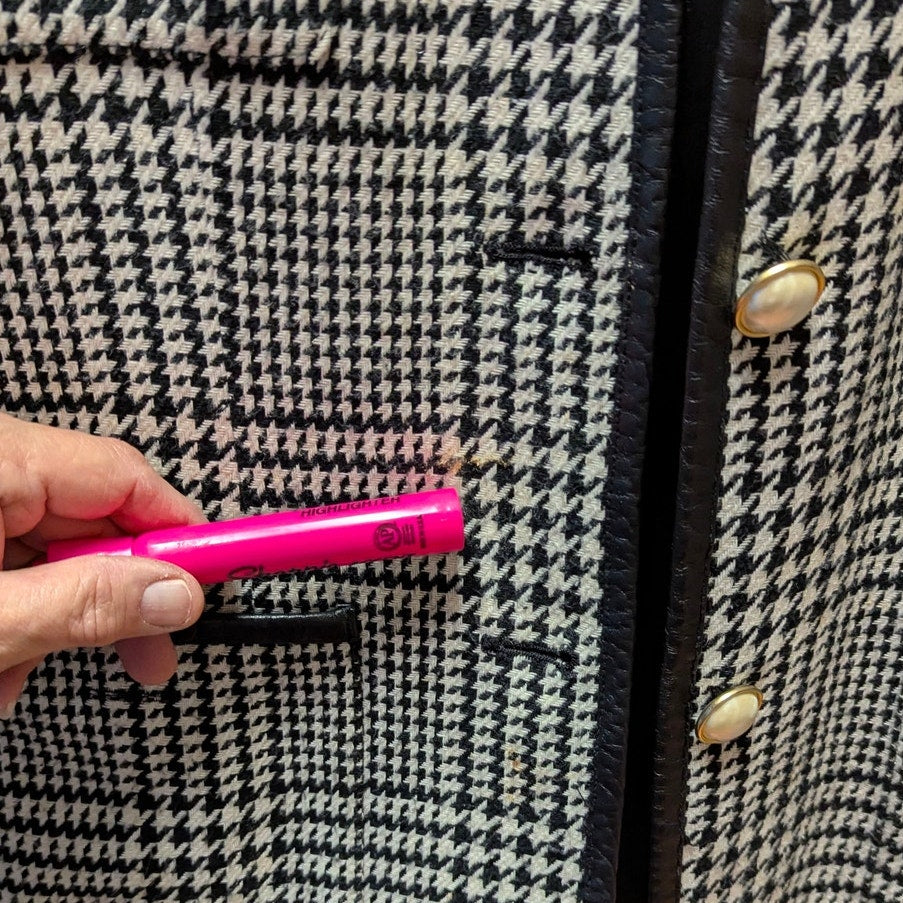 The Limited Plaid Wool Blend Blazer Faux Leather Trim Gold Button Vintage XS