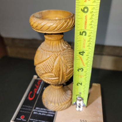 Vintage Wood Vase Five Inch Natural Carved Starburst Boho Rustic