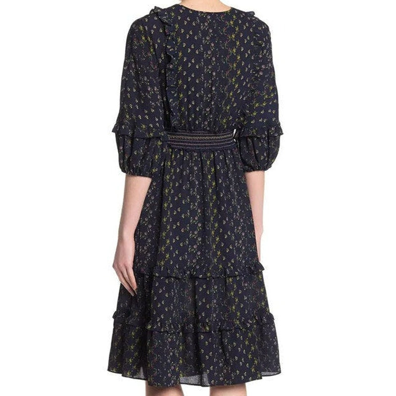 Max Studio Cottage Liberty Tiered Ruffle Midi Dress Sz Large in Blue Floral NWT