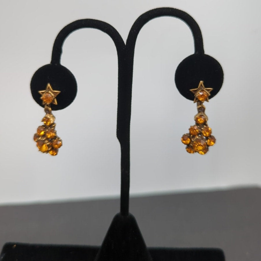 Celestial Vintage Star Amber Rhinestone Chandelier Dangle Screw Back Earrings