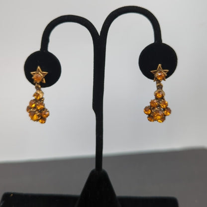 Celestial Vintage Star Amber Rhinestone Chandelier Dangle Screw Back Earrings