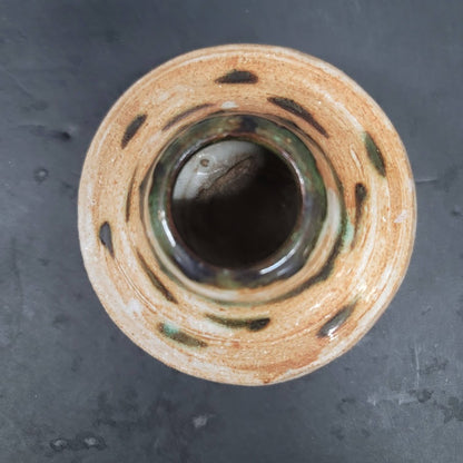 Mini Handmade thrown clay vase golds greens 4" wide signed