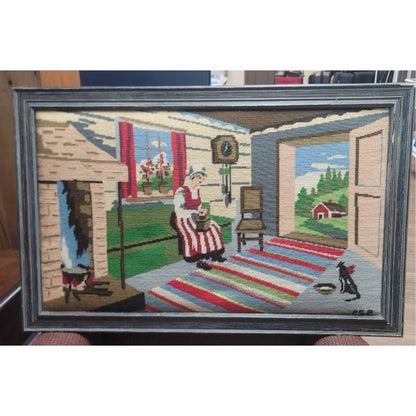 Vintage LARGE NEEDLEPOINT Colonial woman fireplace Cat primitive Textile Art 34"
