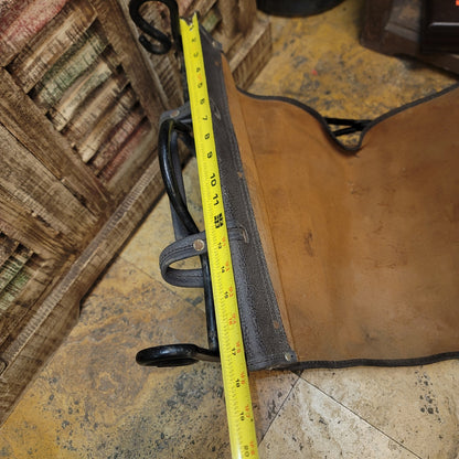 vintage black Wrought iron fireplace log holder suede leather carrier log tote