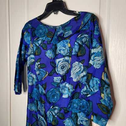 Vintage 50s taffeta dress blue floral 3/4 sleeve wiggle Mad Tv cocktail Medium
