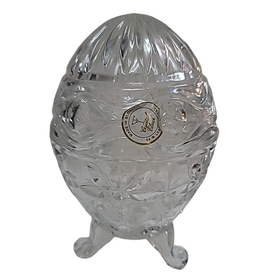 Vintage Crystal Slovakia Clear Egg Shaped Glass Pedestal Candy Dish