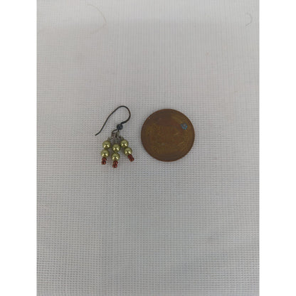 Vintage Petite Faux Pearl Cluster Gold Tone Red Beaded Cluster Dangle Earrings