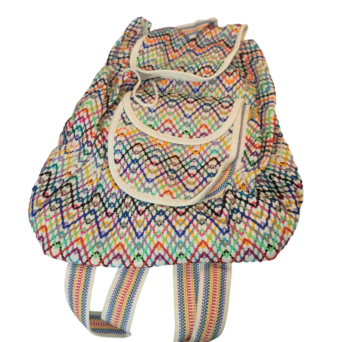 Mexican bohemian backpack Rainbow Cinch top flap zipper compartment Fabric NEW