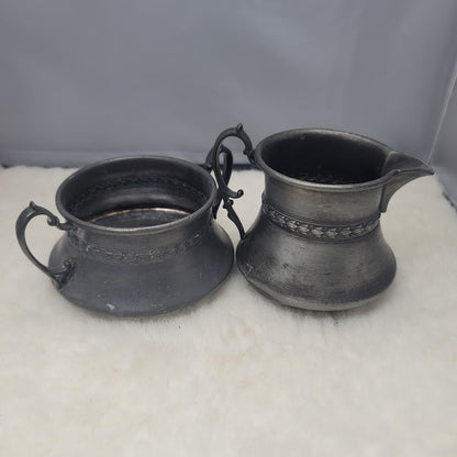 Vintage Pewter 2pc Creamer Sugar Bowl Set Colonial Style Dark Academia Primitive