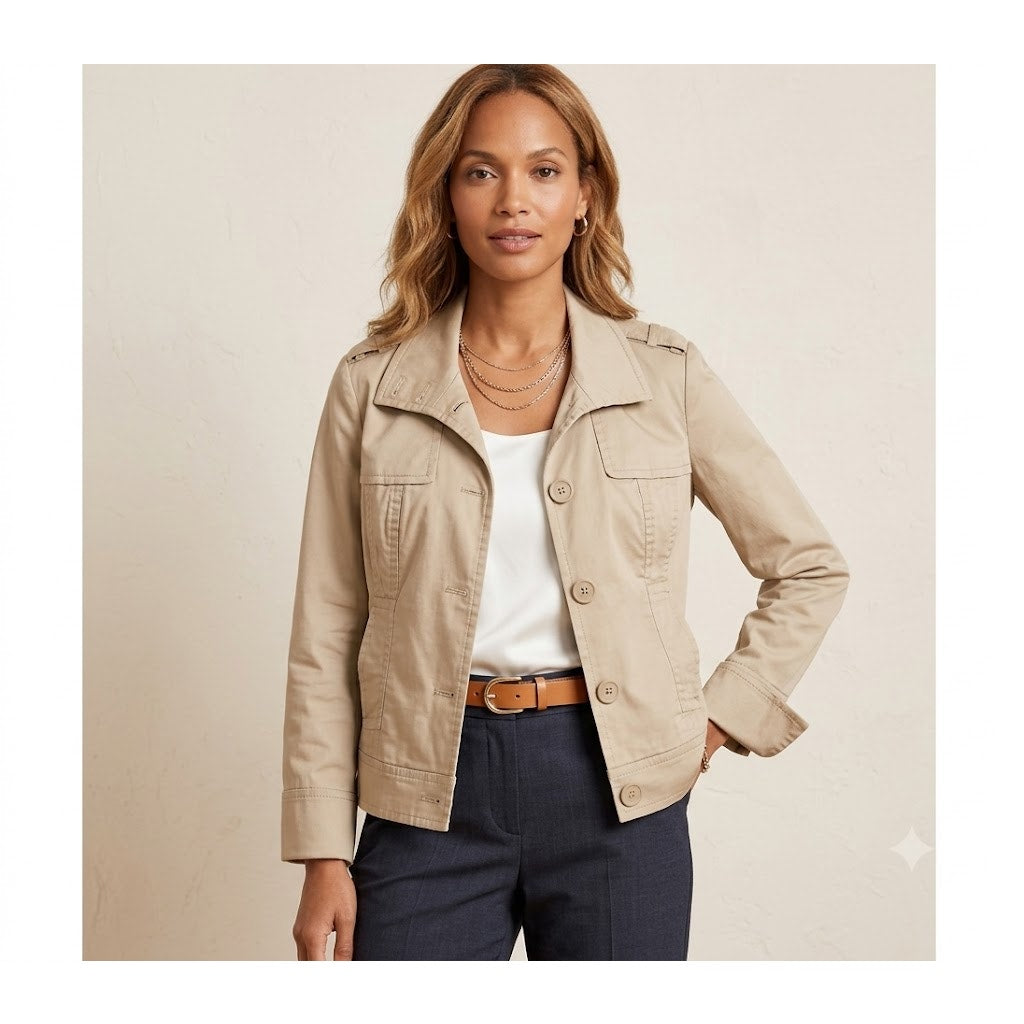 Talbots Stretch 4 Button Blazer Jacket Long Sleeve Two Front Pockets Tan Size 8