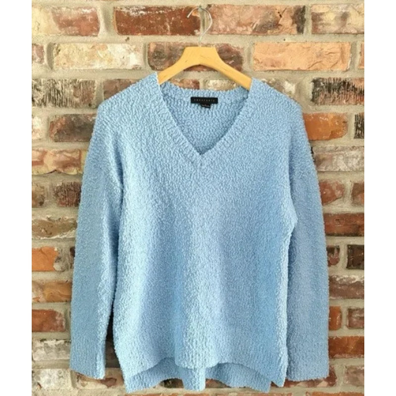 Sanctuary Classic VNeck Pullover Sweater Long Sleeve Blue Boucle Size Small NEW
