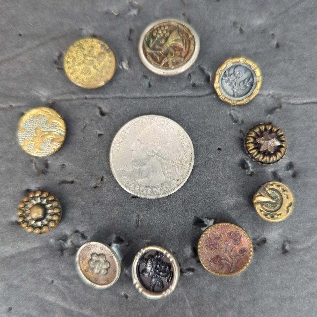LOT T of 10 Antique Vintage Victorian Brass Mixed Materials Buttons ESTATE FIND