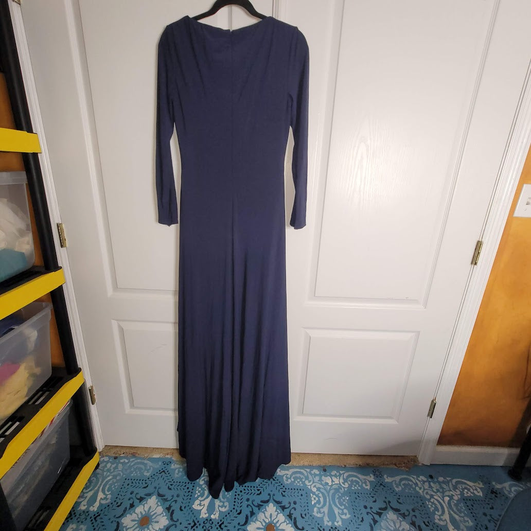 Leena McDuggal Size 10 Blue maxi Long Sleeve Evening Gown Dress Rushed Formal