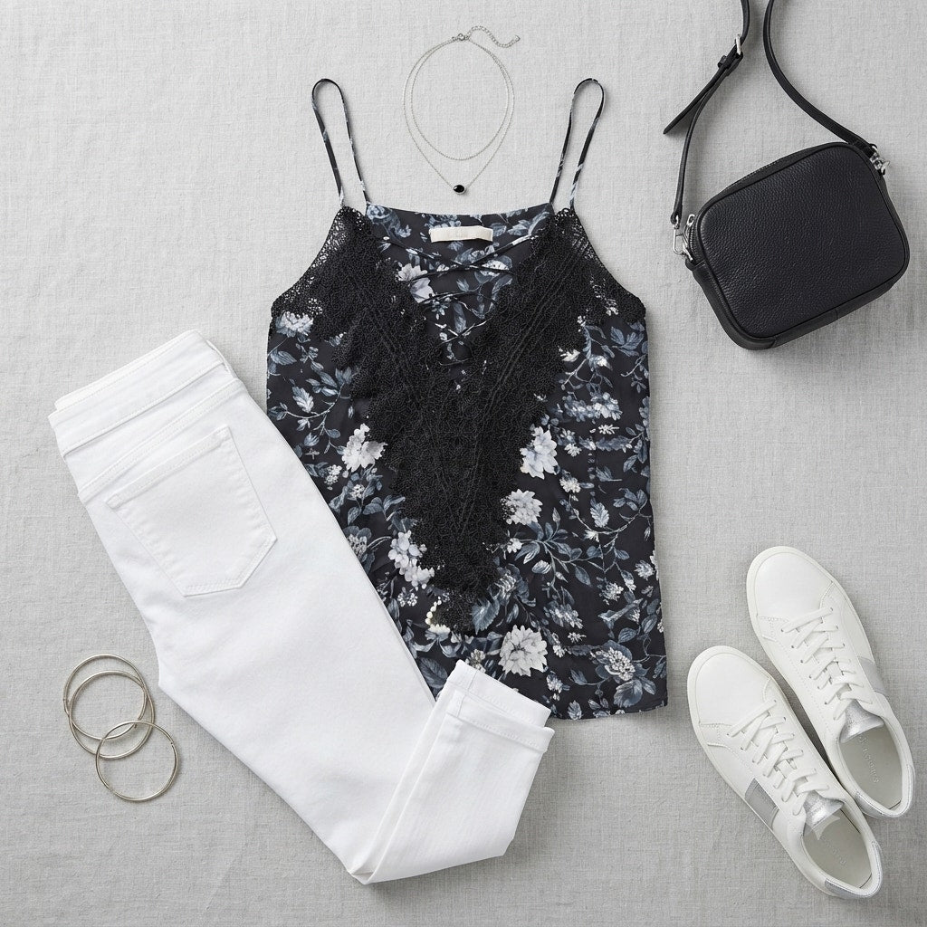 WAYF NWT Black White Lace Front Top Medium Layering Summer Casual Festival Boho
