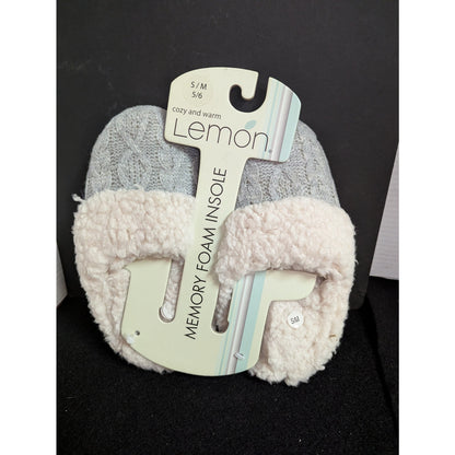 Lemon Cozy Slippers Memory Foam Sherpa Trim Grey Knit Slide NWT Small/MEDIUM