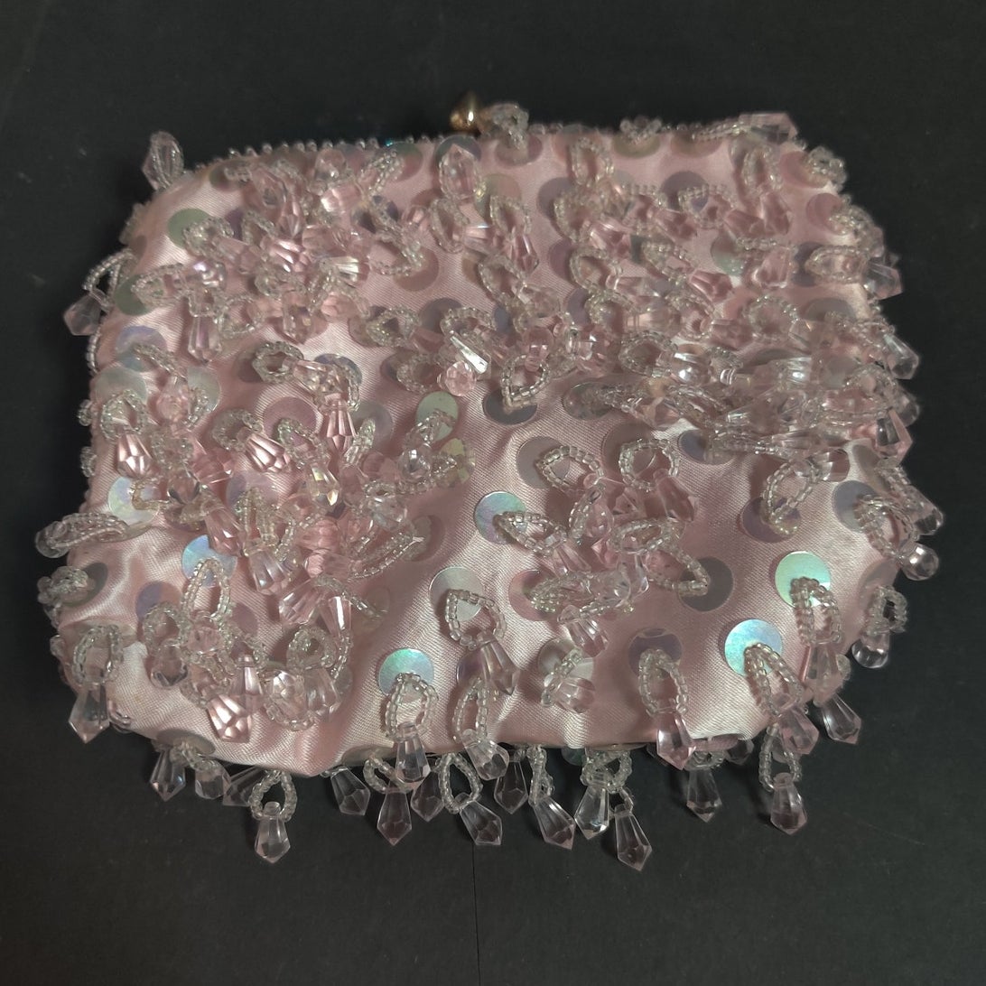 Vintage Pink Sequin Beaded Loop Handbag Party Glamour Y2K Evening Bag