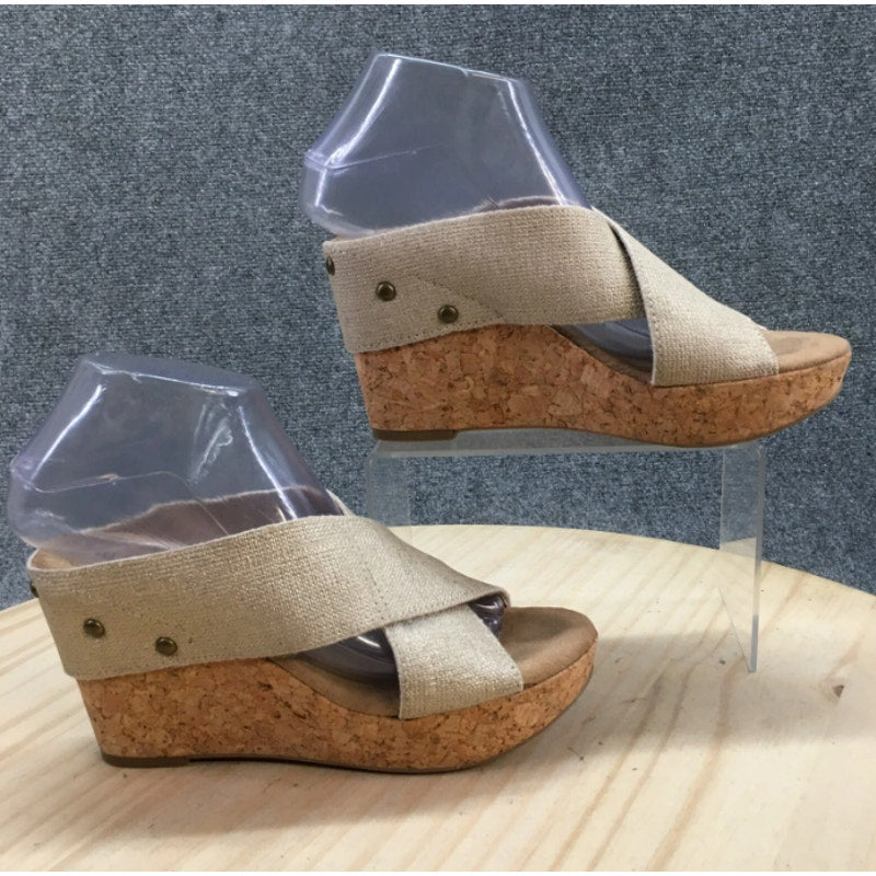 Merona Sandals Womens 9.5 Platform Beige Fabric Slip On Wedge Cork Heels Casual