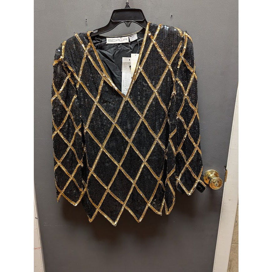 Vintage SCALA Evening black sequin formal top jagged hem 80s XL Handstitch SILK