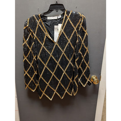 Vintage SCALA Evening black sequin formal top jagged hem 80s XL Handstitch SILK