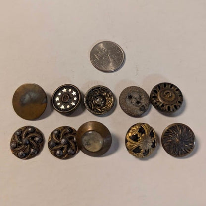 LOT of 10 Antique Vintage Victorian Brass Mixed Materials Buttons ESTATE FIND
