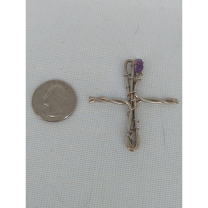 Handcrafted Wire Wrapped Cross Pendant with Raw Amethyst Crystal Accent