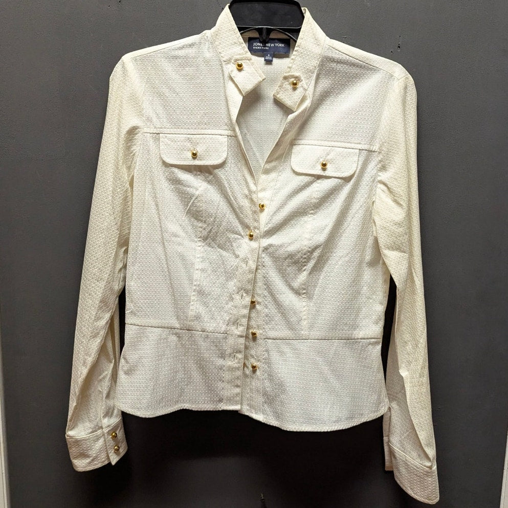 Jones New York Cream Textured Old Money Gold Button Y2K Peplum Blouse Small