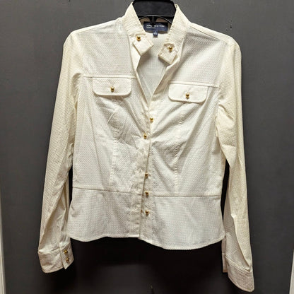 Jones New York Cream Textured Old Money Gold Button Y2K Peplum Blouse Small