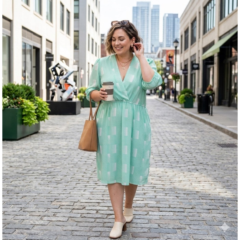 Vintage Townhouse Mint Green V-Neck Day Dress Geometric Print 16 80s Secretary