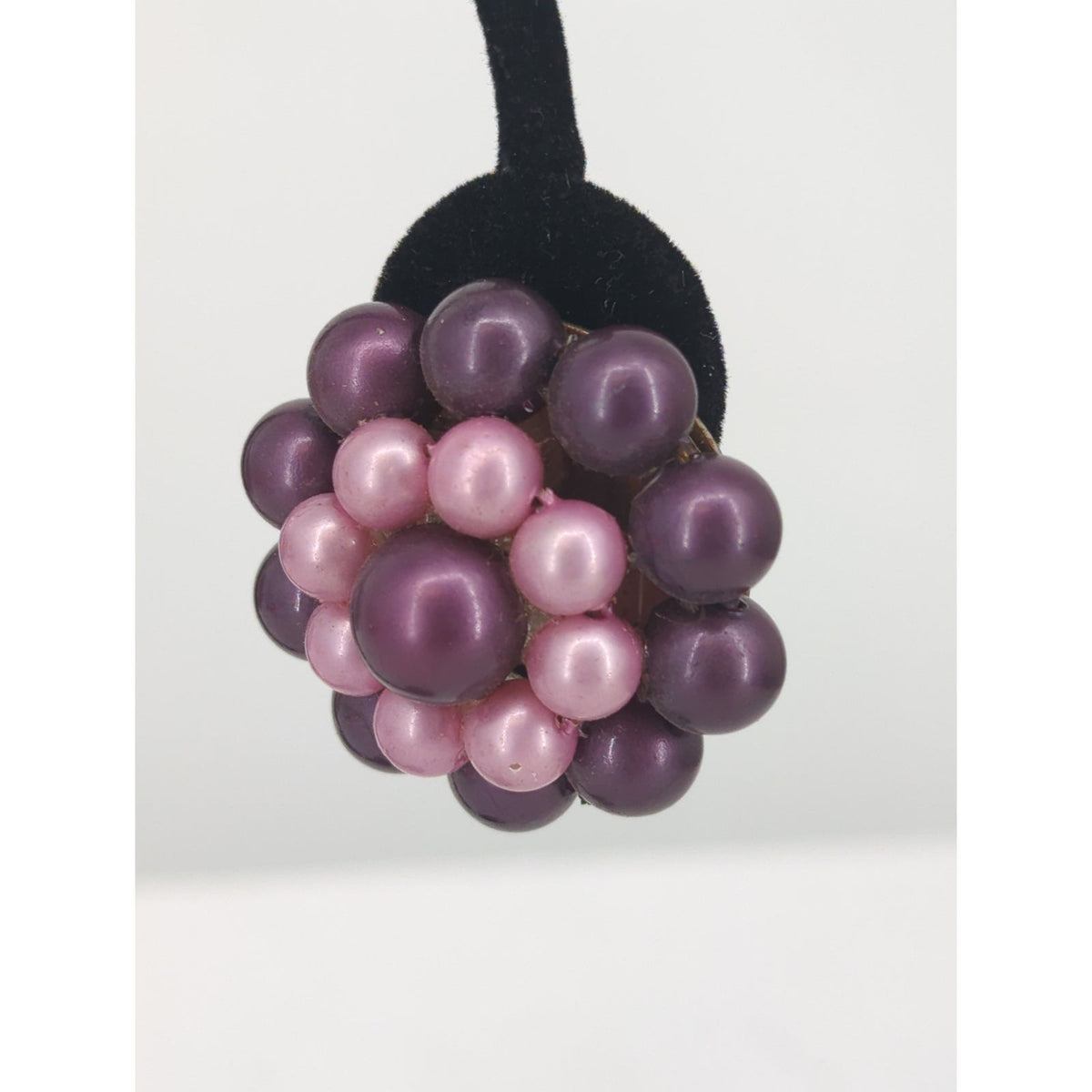 Vintage Two Tone Purple Pink Faux Pearl Cluster Clip On Earrings Mid Century