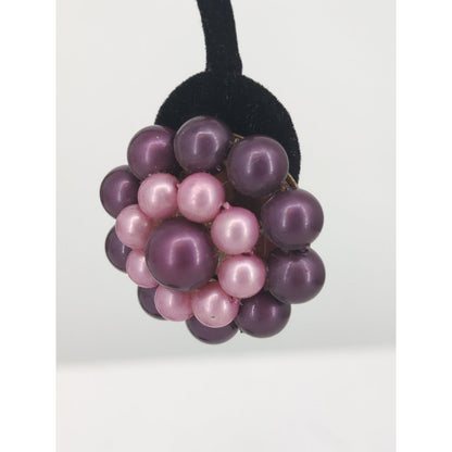 Vintage Two Tone Purple Pink Faux Pearl Cluster Clip On Earrings Mid Century