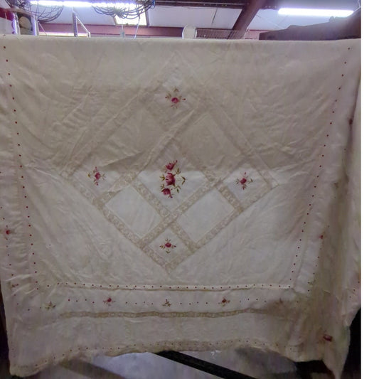 comforter Quilt NEEDS REPAIR shabby chic pink green cream 80" c 90"
