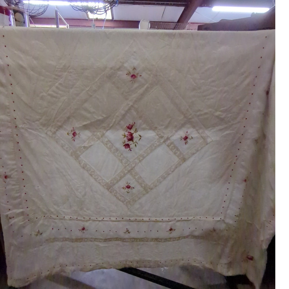 comforter Quilt NEEDS REPAIR shabby chic pink green cream 80" c 90"