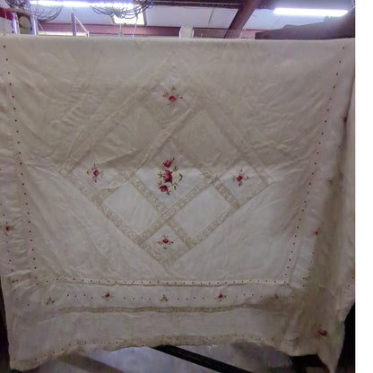 comforter Quilt NEEDS REPAIR shabby chic pink green cream 80" c 90"