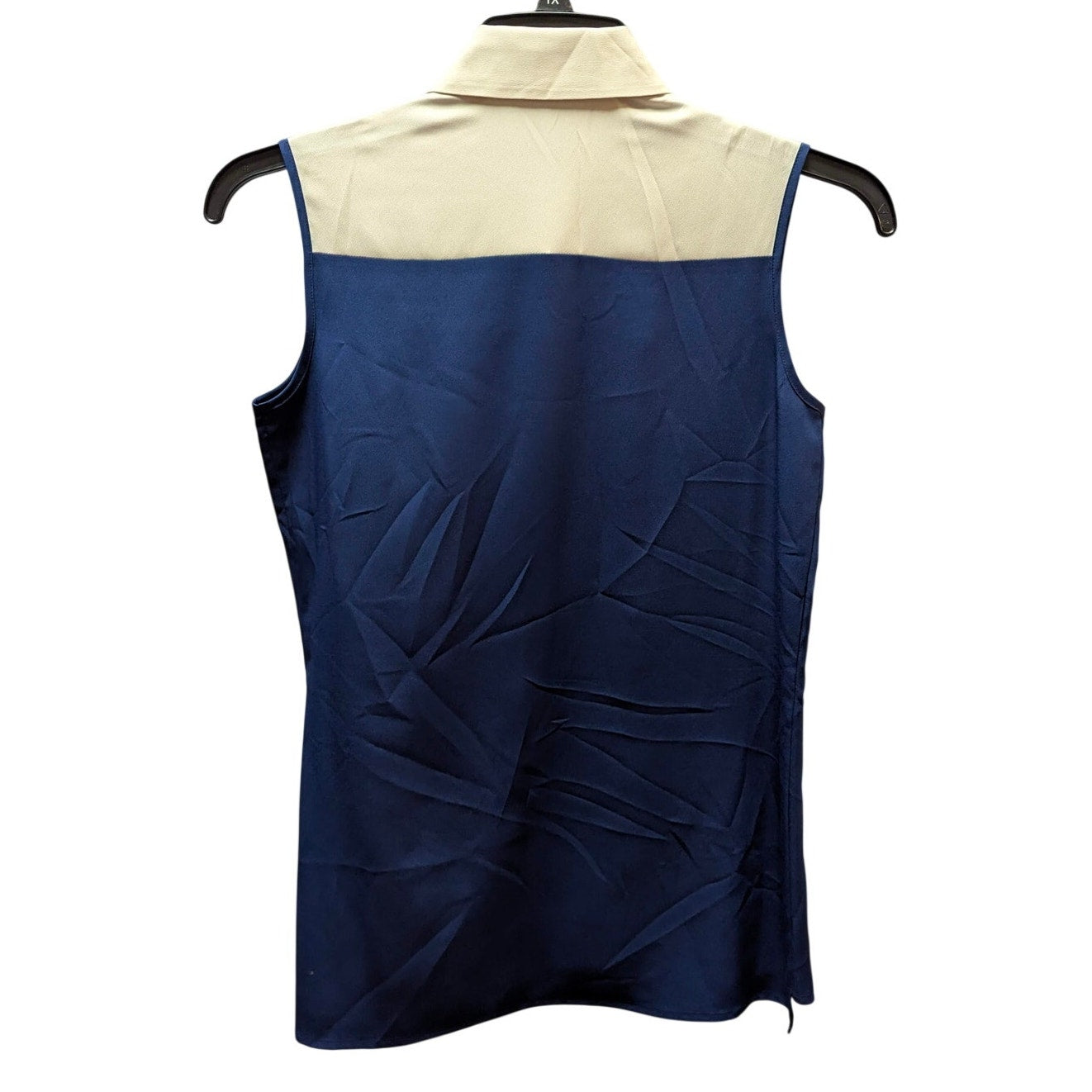 Gianni Bini Navy Blue & Tan Colorblock Sleeveless Button Down Collared Shirt Top