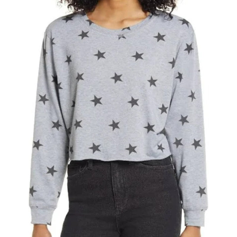 NWT La La Land Soft Long Sleeve Crew Crop Top Sz Large in Gray with Black Stars