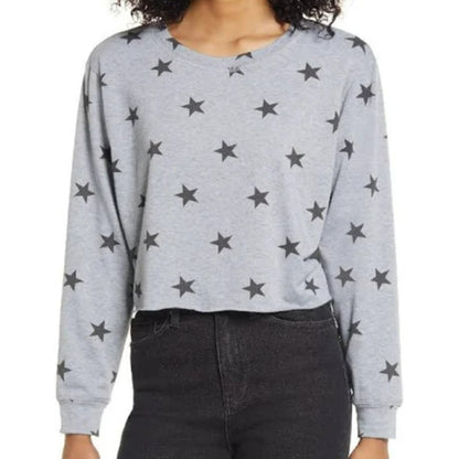 NWT La La Land Soft Long Sleeve Crew Crop Top Sz Large in Gray with Black Stars