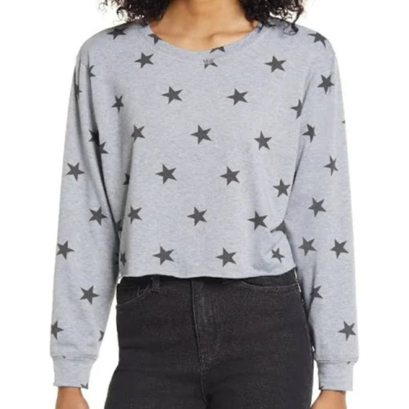NWT La La Land Soft Long Sleeve Crew Crop Top Sz Large in Gray with Black Stars