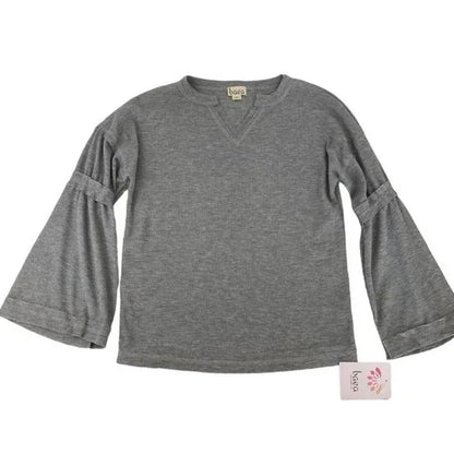 Baea Los Angeles Raw Seams Waffle Thermal Bell Sleeve Top Sz LARGE Grey NWT
