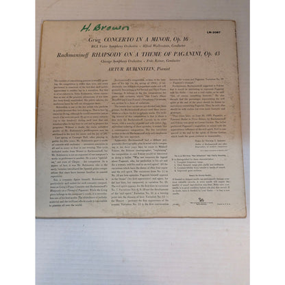 Vintage Rubinstein Rachmaninoff Grieg RCA Victor LM-2087 Red Seal Vinyl LP