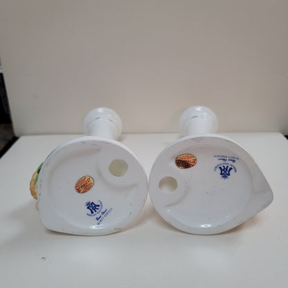 Enesco pair candlestick candle holders 1977 Bone China Holly Bird Gold White